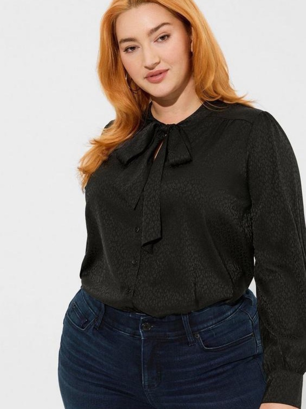 TORRID Satin Jacquard Tie Neck button up blouse | 0X